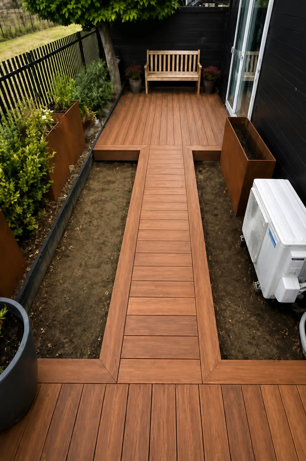 Timber deck and walkway connecting a compact backyard